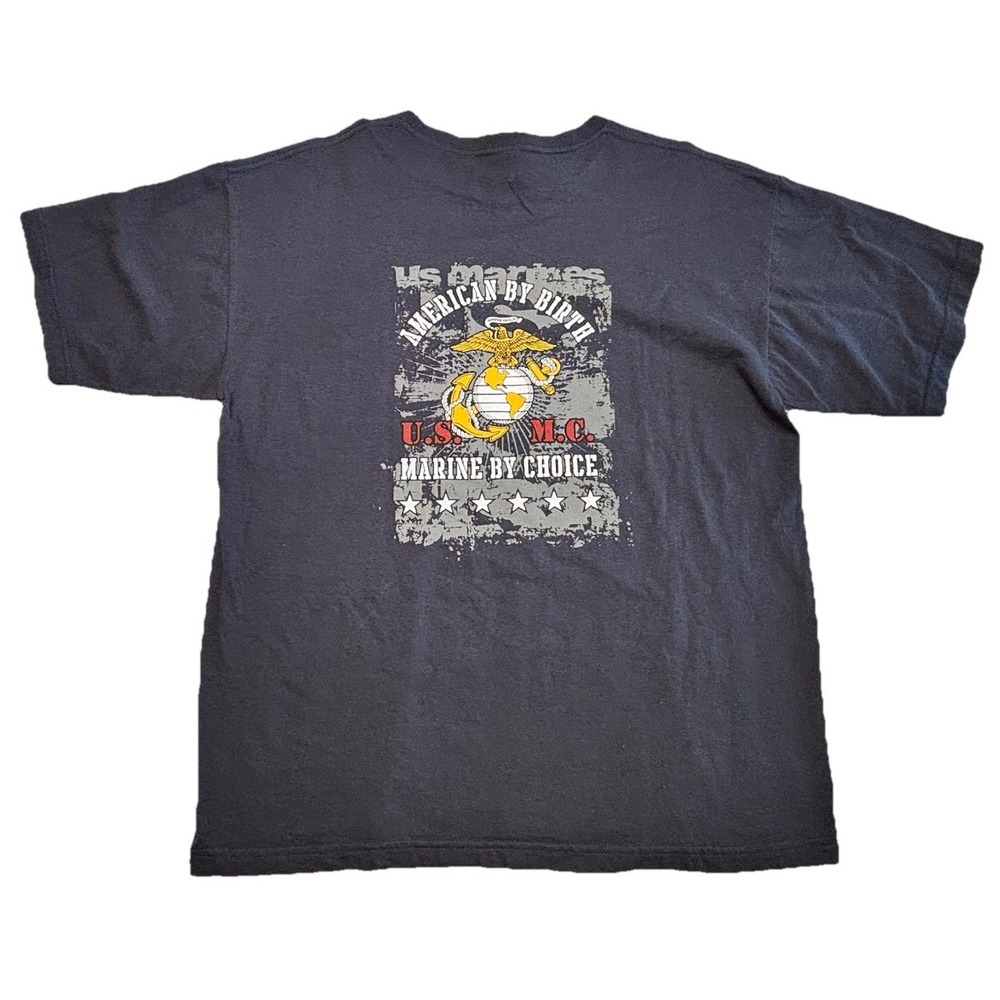 Vintage Bayside USA Marines T Shirt Large Navy Blue Military Graphic USA